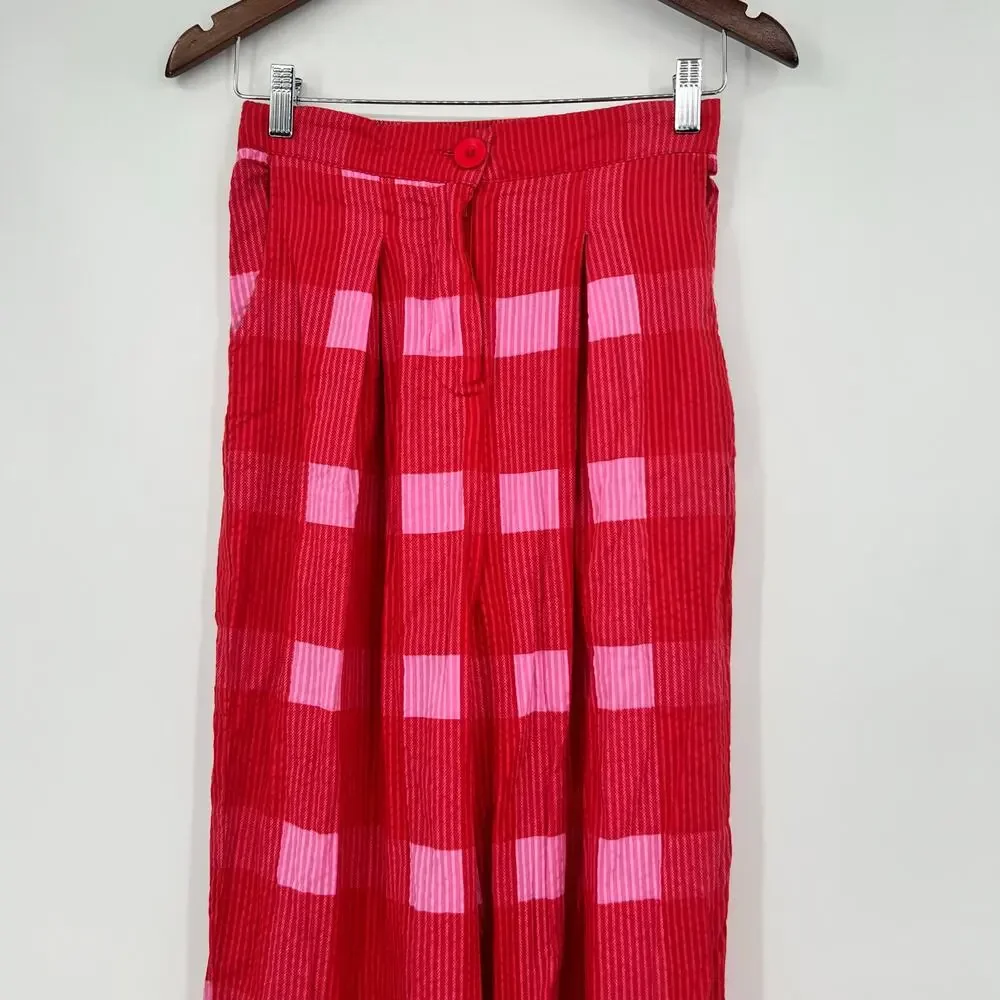 Anthropologie Porridge Red pink Plaid Wide-Leg Pants pockets preppy boho size XS - Picture 7 of 9